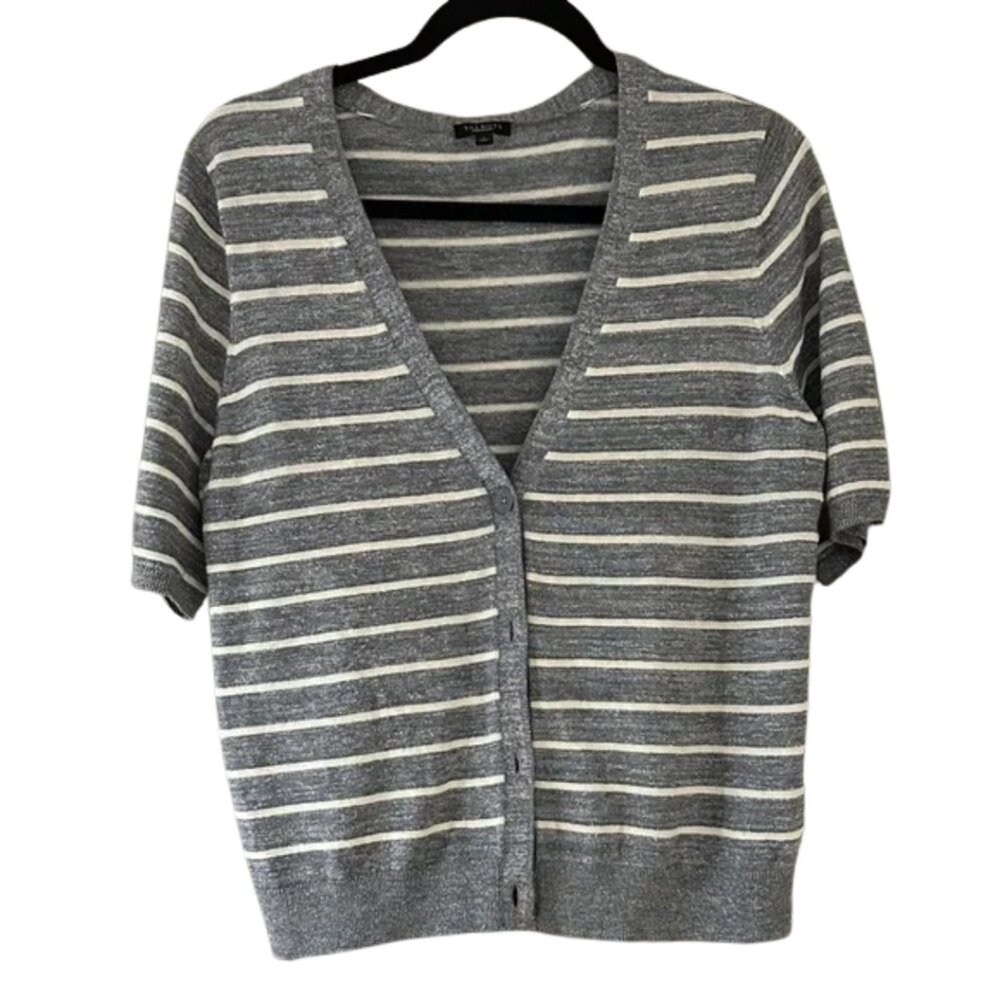 Talbots Gray, Silver & White Striped Short Sleeve Cardigan Sweater